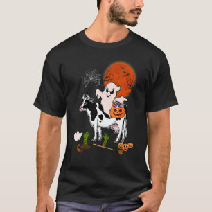 Boo Ghost Riding Cow With Candy Basket Scary Pumpk T-Shirt