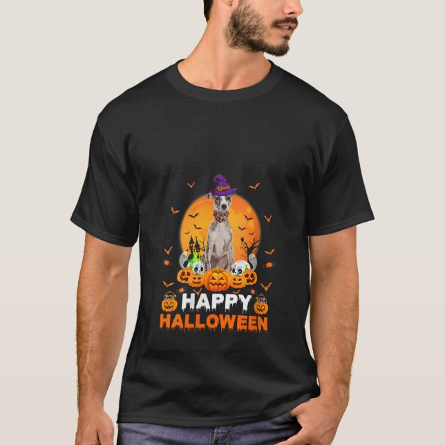 Boo Ghost Scary Pumpkin Moon Witch Whippet Dog Hal T-Shirt (Front)
