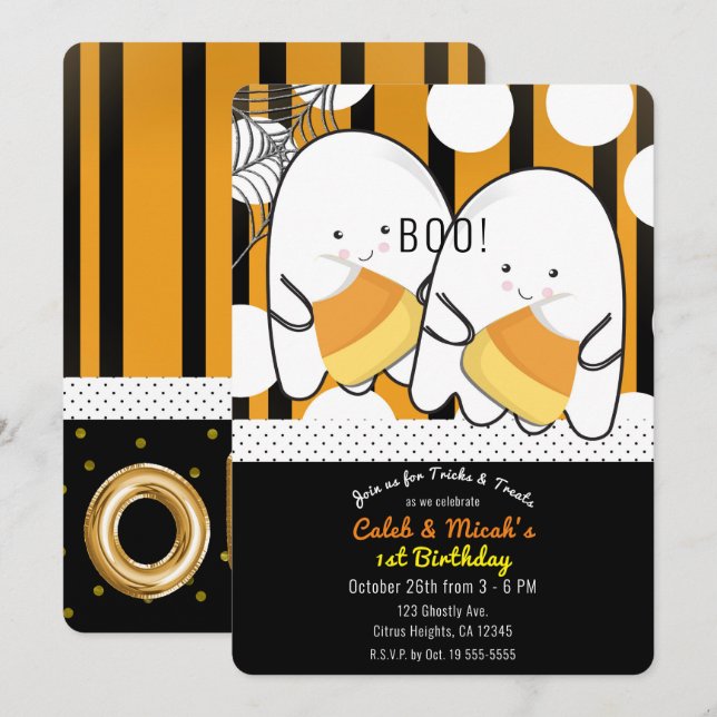 Boo Ghost Twin Boys Halloween 1st Birthday Party Invitation (Front/Back)