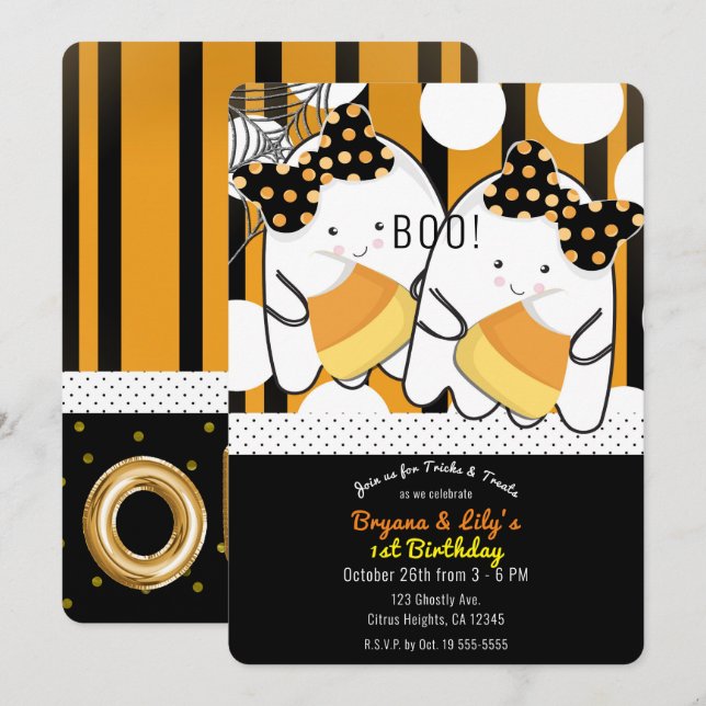 Boo Ghost Twin Girls Halloween 1st Birthday Party Invitation (Front/Back)