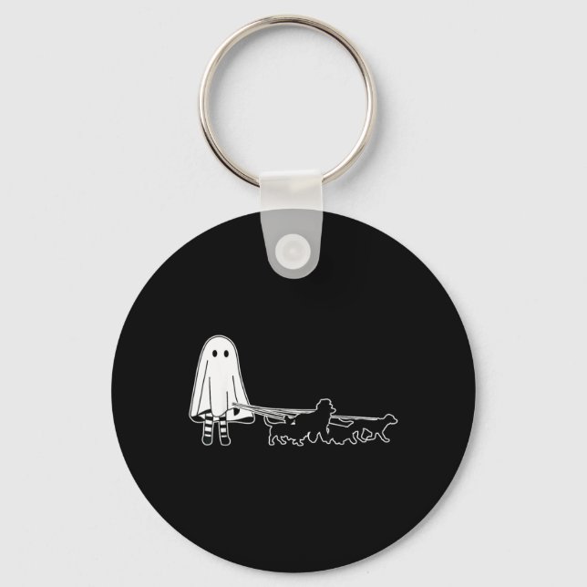 Boo Ghost Walking With Dogs Funny Halloween Key Ring (Front)