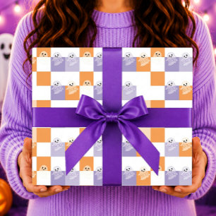 Boo Ghosts Purple Orange Chequered Wrapping Paper