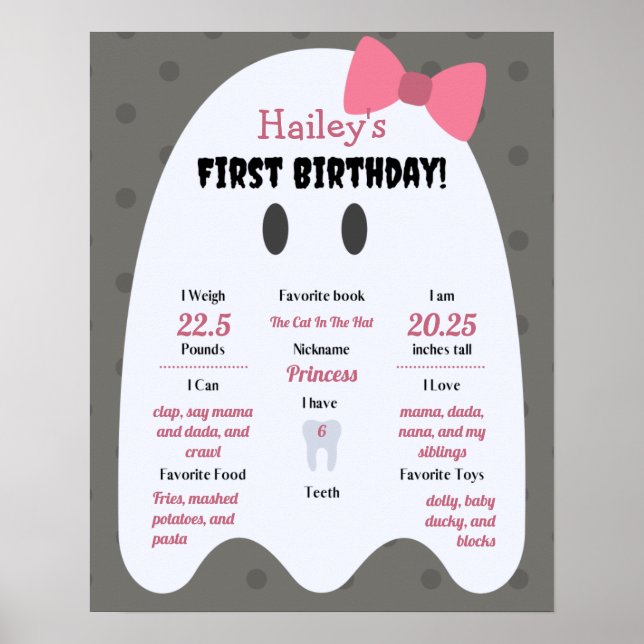 Boo! Girls Halloween 1st Birthday Milestone Poster (Front)