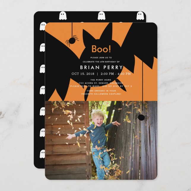 Boo! Halloween Bat & Spiders Photo Birthday Invitation (Front/Back)