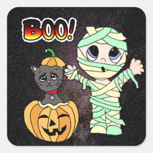 Boo Halloween  Black Cat in Pumpkin and Mummy Square Sticker