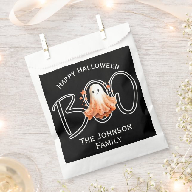 Boo Halloween Black Modern Name Favour Bags (Clipped)