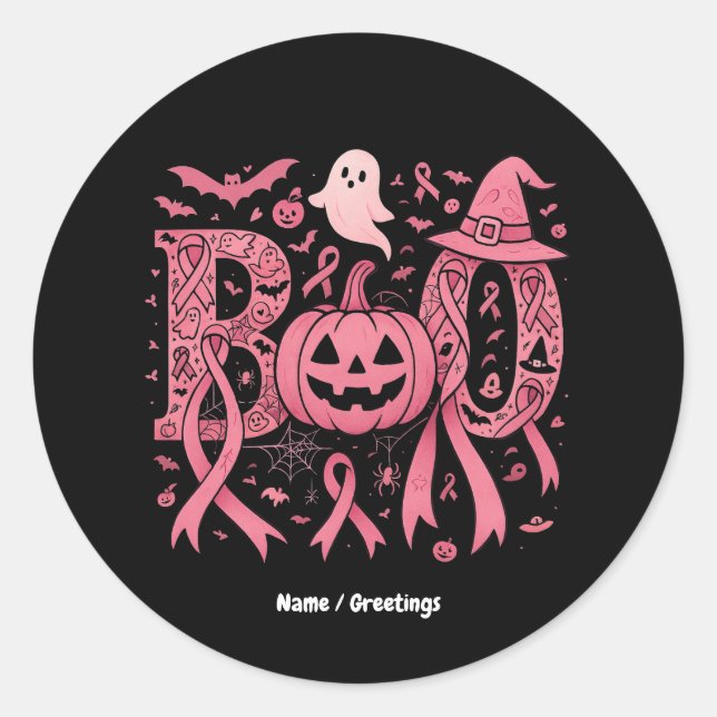 Boo Halloween Breast Cancer Awareness Pink Ribbon  Classic Round Sticker (Front)