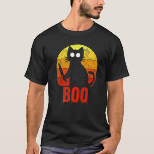 Boo Halloween Cat Gory Bloody Horror Knife T-Shirt