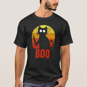 Boo Halloween Cat Gory Bloody Horror Knife T-Shirt
