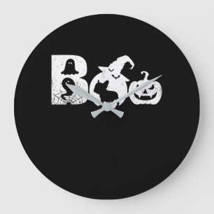 Boo Halloween Costume Bulldog Pumpkin & Witch Hat Large Clock