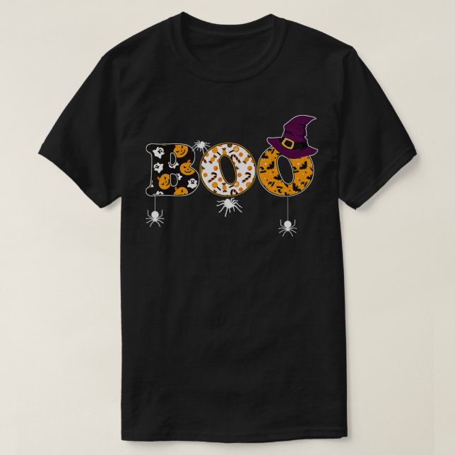 Boo Halloween Costume with Spiders and Witch Hat T-Shirt (Design Front)