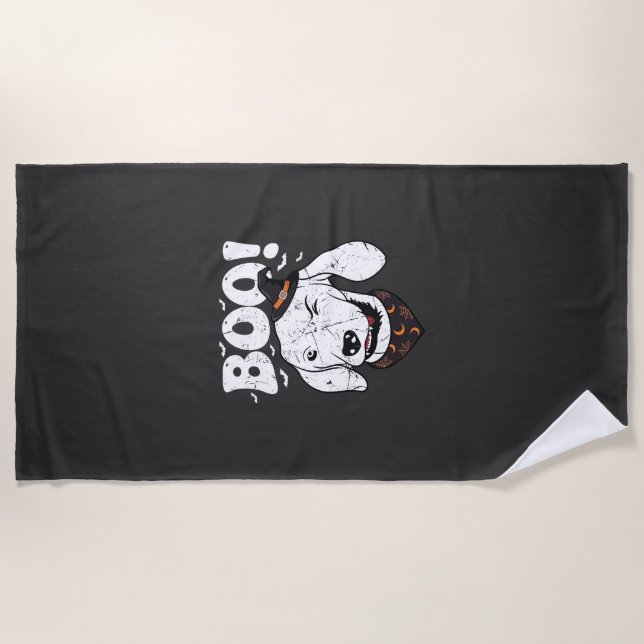 Boo Halloween Dog Witch Hat Bats Beach Towel (Front)