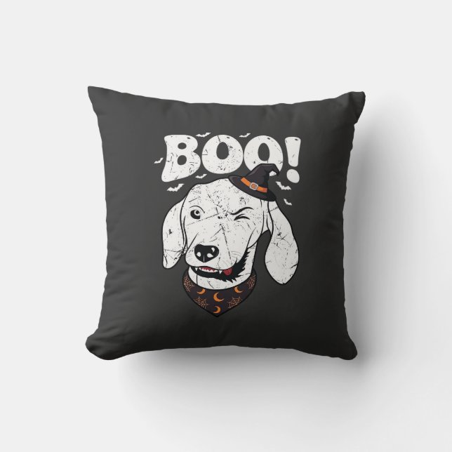 Boo Halloween Dog Witch Hat Bats Cushion (Front)