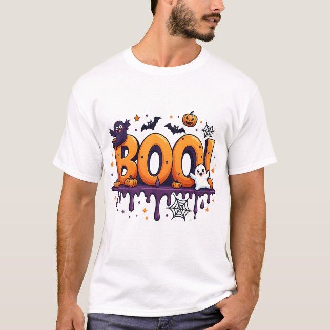 BOO Halloween Dripping Letters with Ghosts, Bats a T-Shirt (Front)