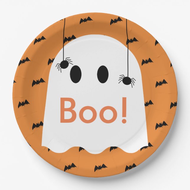Boo! Halloween Ghost & Bats Orange Paper Plate (Front)