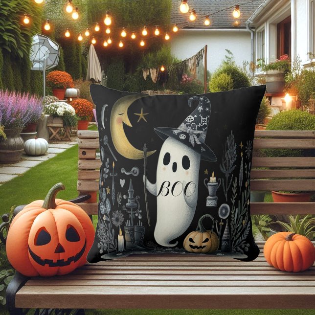 Boo Halloween Ghost Black Night Half Moon Jack Fun Cushion (Boo Halloween Ghost Black Night Half Moon Jack Fun Throw Pillow)