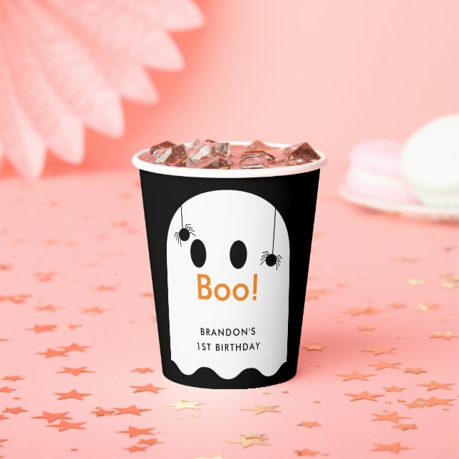 Boo! Halloween Ghost Boy Black Birthday Paper Cups (Insitu)