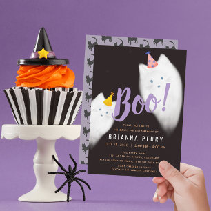 Boo! Halloween Ghost Cat Cute Purple Birthday Invitation
