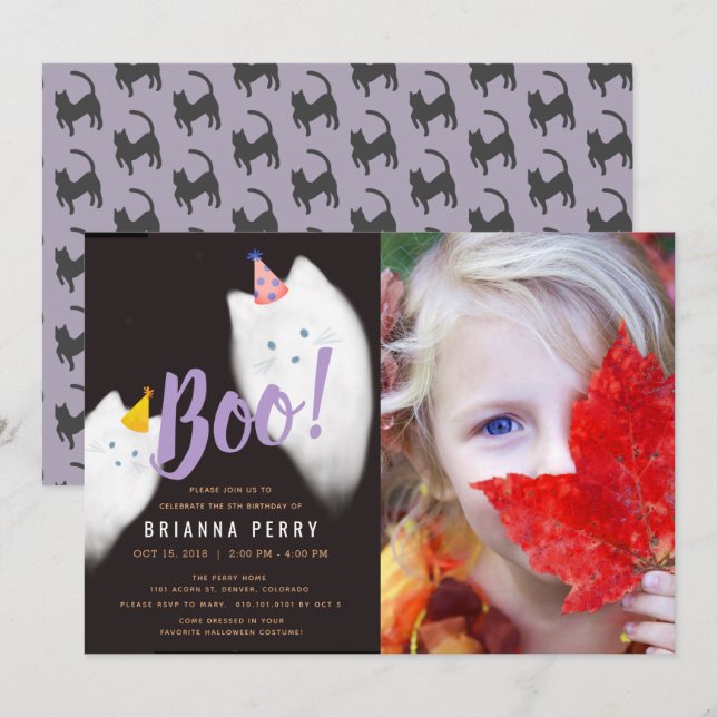 Boo! Halloween Ghost Cat Purple Photo Birthday Invitation (Front/Back)
