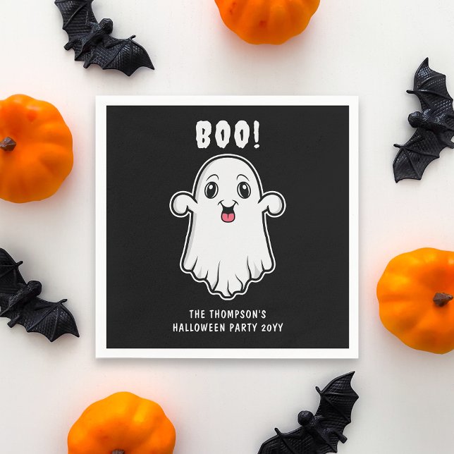 Boo Halloween Ghost Custom Text Black And White Napkin (Cute design for the spooky Halloween season. Personalize with your custom text.)