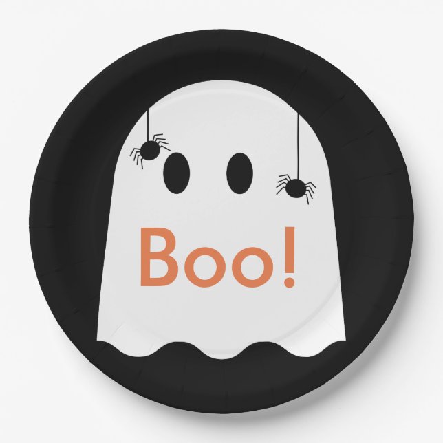 Boo! Halloween Ghost Cute Black Paper Plate (Front)
