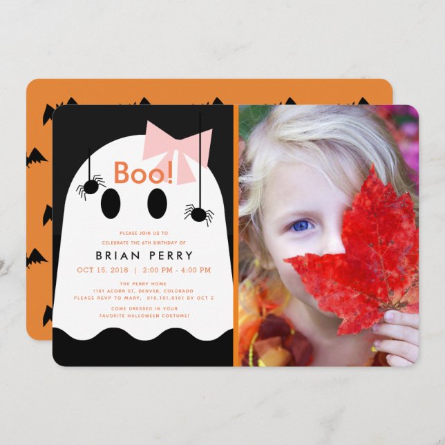 Boo! Halloween Ghost Girl Cute Photo Birthday Invitation (Front/Back)