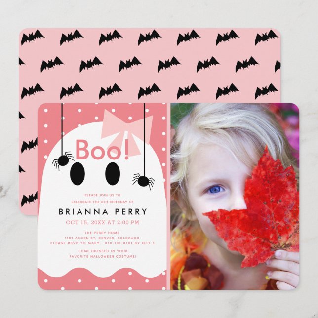 Boo! Halloween Ghost Girl Pink Photo Birthday Invitation (Front/Back)