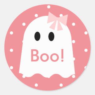Boo! Halloween Ghost Girl Pink Polka Dots Classic Round Sticker