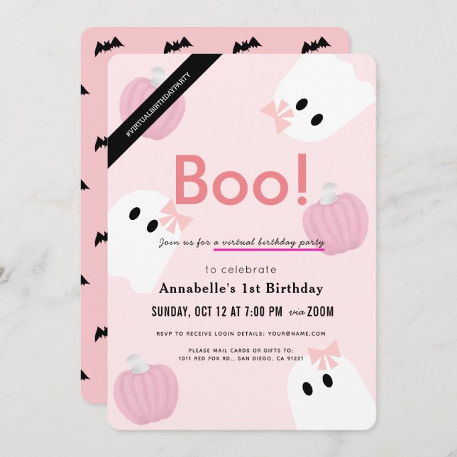 Boo! Halloween Ghost Girl Pink Virtual Birthday Invitation (Front/Back)