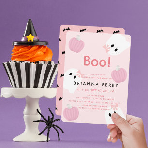 Boo! Halloween Ghost Girl Pumpkin Pink Birthday Invitation