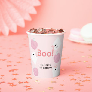 Boo! Halloween Ghost Girl Pumpkin Pink Birthday Paper Cups
