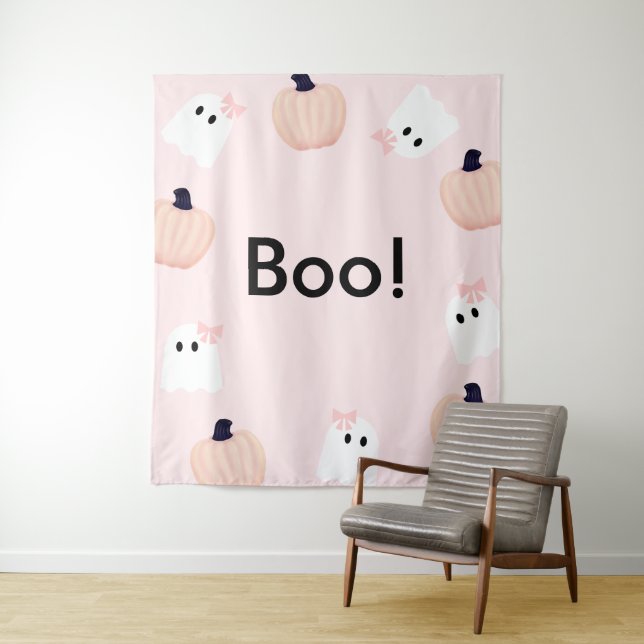 Boo Halloween Ghost Girl Pumpkin Pink Welcome Tapestry (In Situ)