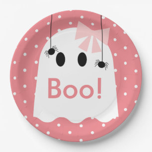 Boo! Halloween Ghost GIrl Ribbon Cute Pink Paper Plate