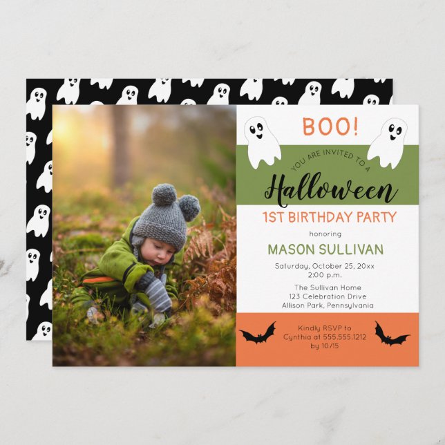 Boo Halloween Ghost Photo 1st Birthday Party Invit Invitation (Front/Back)