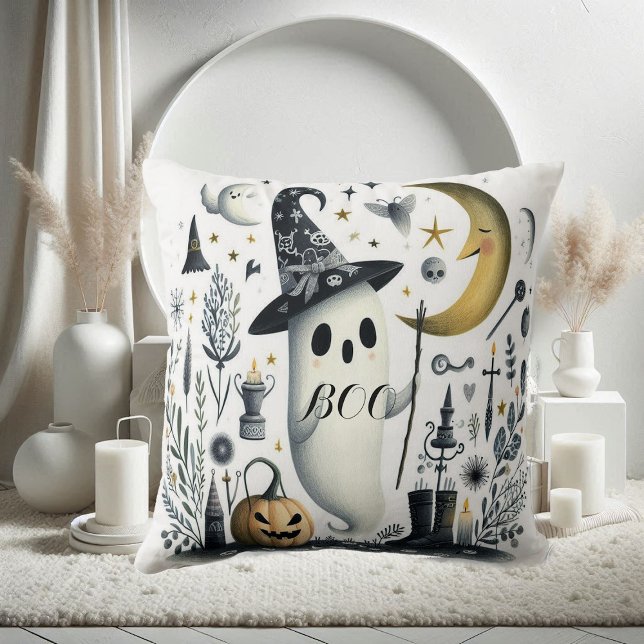 Boo Halloween Ghost Stars Night Half Moon Jack Fun Cushion (Boo Halloween Ghost Stars Night Half Moon Jack Fun Throw Pillow)