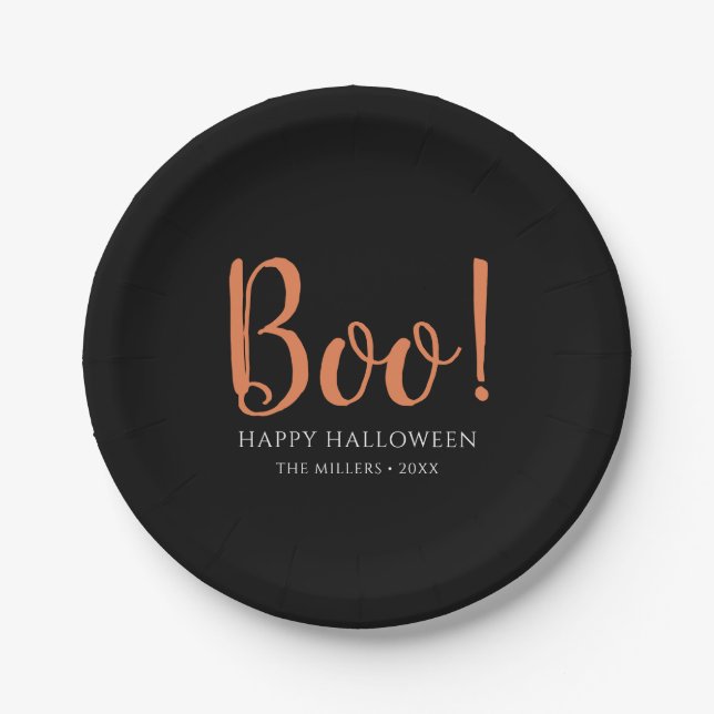 Boo Halloween Modern Black Paper Plate (Front)