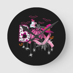 Boo Halloween Pumpkin Pink Ribbon Witch Breast Can Round Clock