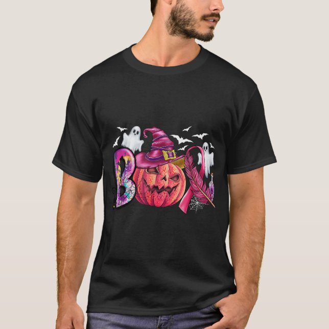 Boo Halloween Pumpkin Pink Ribbon Witch Breast  T-Shirt (Front)