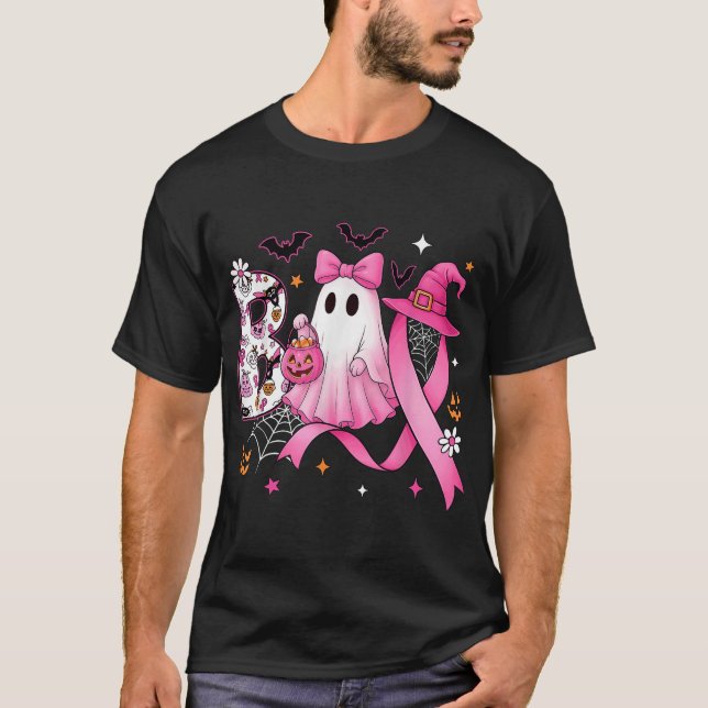 Boo Halloween Pumpkin Pink Ribbon Witch Breast  T-Shirt (Front)
