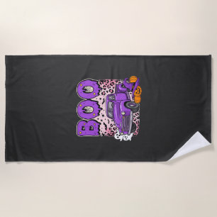 Boo Halloween Purple Truck Ghost and Pumpkins Desi Beach Towel