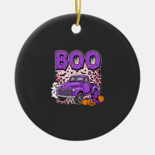 Boo Halloween Purple Truck Ghost and Pumpkins Desi Ceramic Tree Decoration
