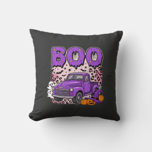 Boo Halloween Purple Truck Ghost and Pumpkins Desi Cushion