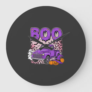 Boo Halloween Purple Truck Ghost and Pumpkins Desi Large Clock
