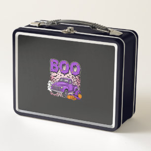 Boo Halloween Purple Truck Ghost and Pumpkins Desi Metal Lunch Box