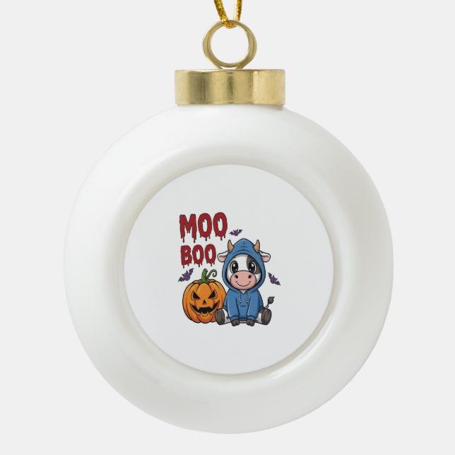 Boo Halloween Spooky Ghost Cow Ceramic Ball Christmas Ornament (Front)