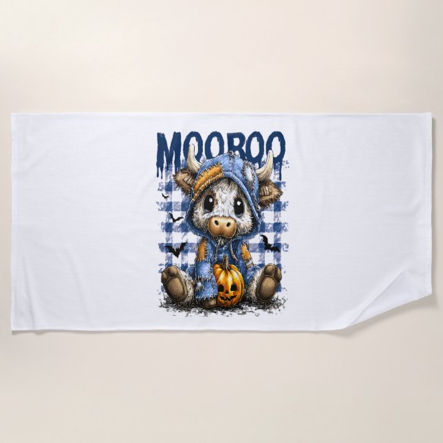 Boo Halloween Spooky Highland Cow Beach Towel (Front)