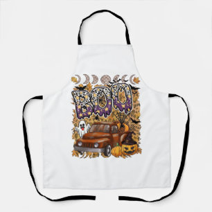 Boo Halloween Vintage Truck Ghost Pumpkins Leopard Apron