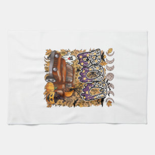 Boo Halloween Vintage Truck Ghost Pumpkins Leopard Tea Towel