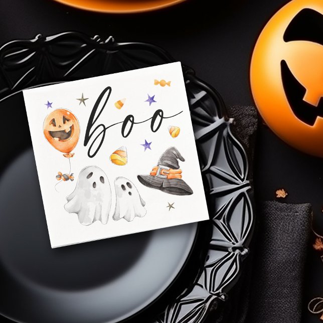 Boo Halloween Watercolor Party  Napkin (Boo! Halloween watercolor ghosts, witch hat, pumpkin balloon and candy corn designed napkin,)