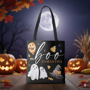 Boo Halloween Watercolor Trick or Treat Black Tote Bag